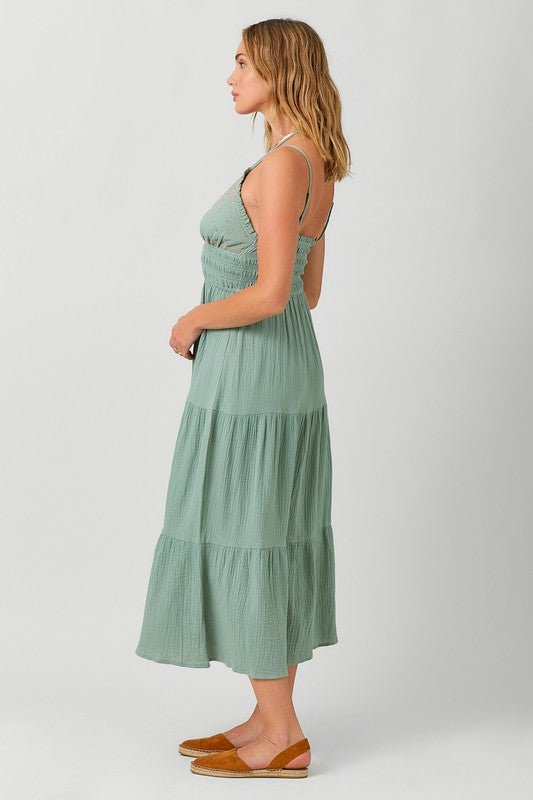 Dusty Teal Embroidered Halter Dress - MISRED