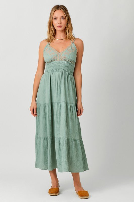 Dusty Teal Embroidered Halter Dress - MISRED