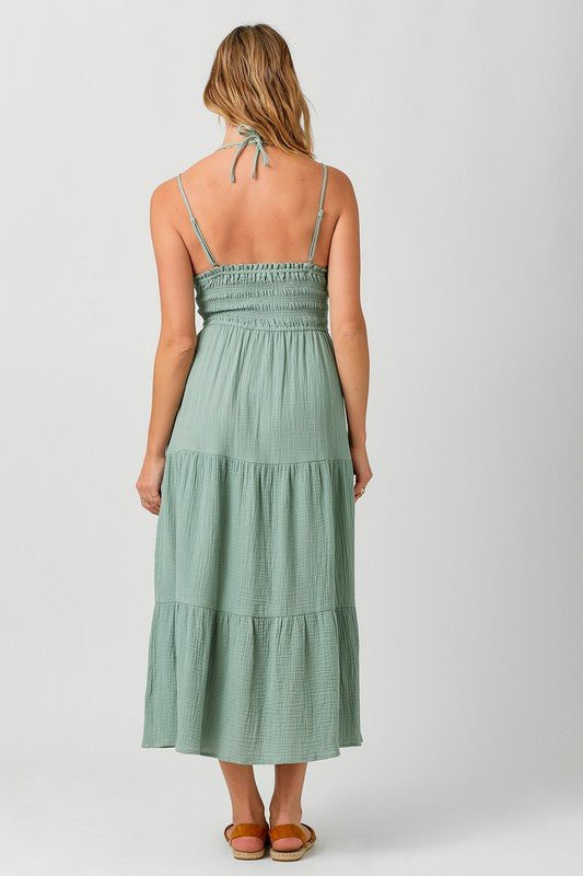 Dusty Teal Embroidered Halter Dress - MISRED