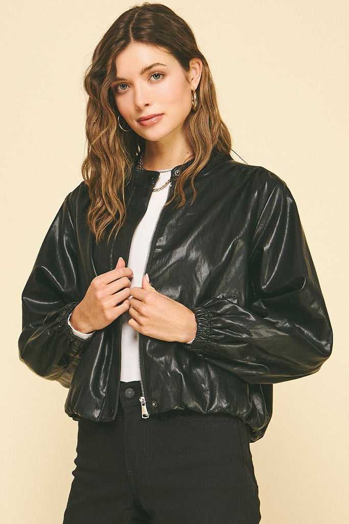 Faux Leather Bomber Jacket - MISRED