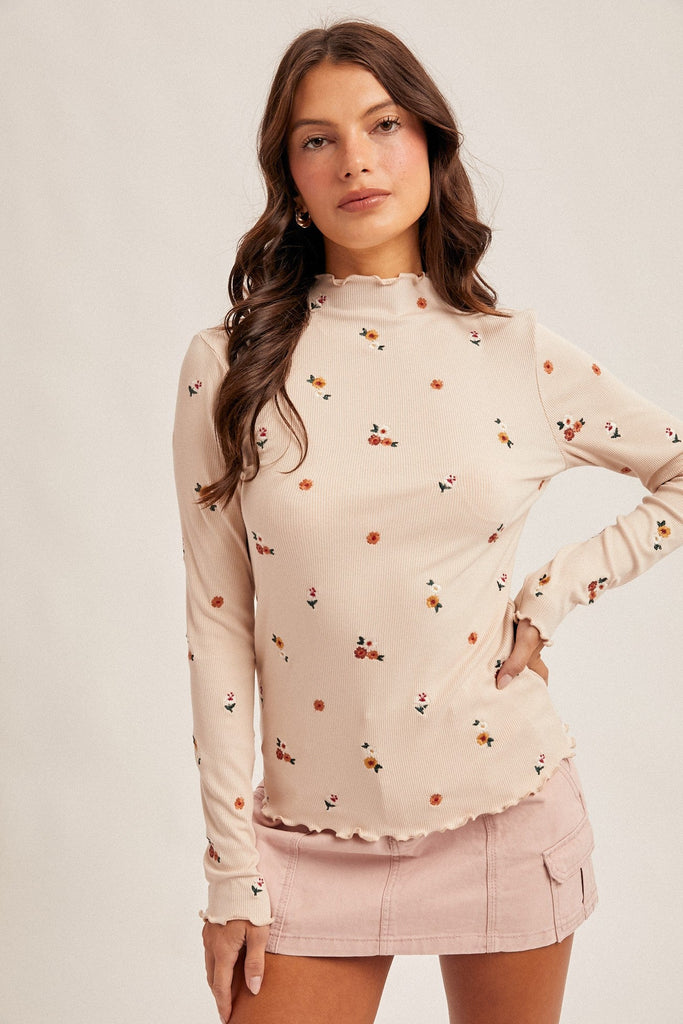 Floral Mock - Neck Ribbed Top - MISRED