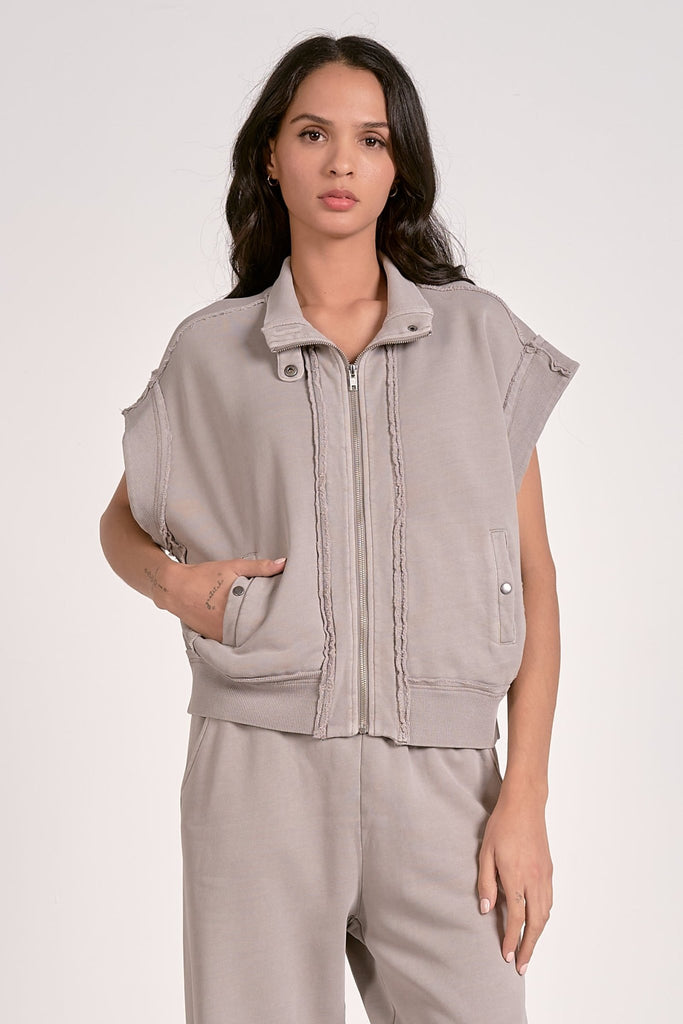 French Terry Zip Front Sleeveless Jacket - MISRED