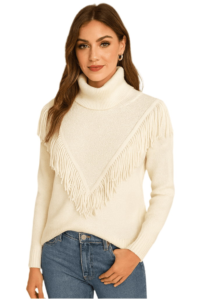 Fringe Detail Mock Neck Sweater - MISRED