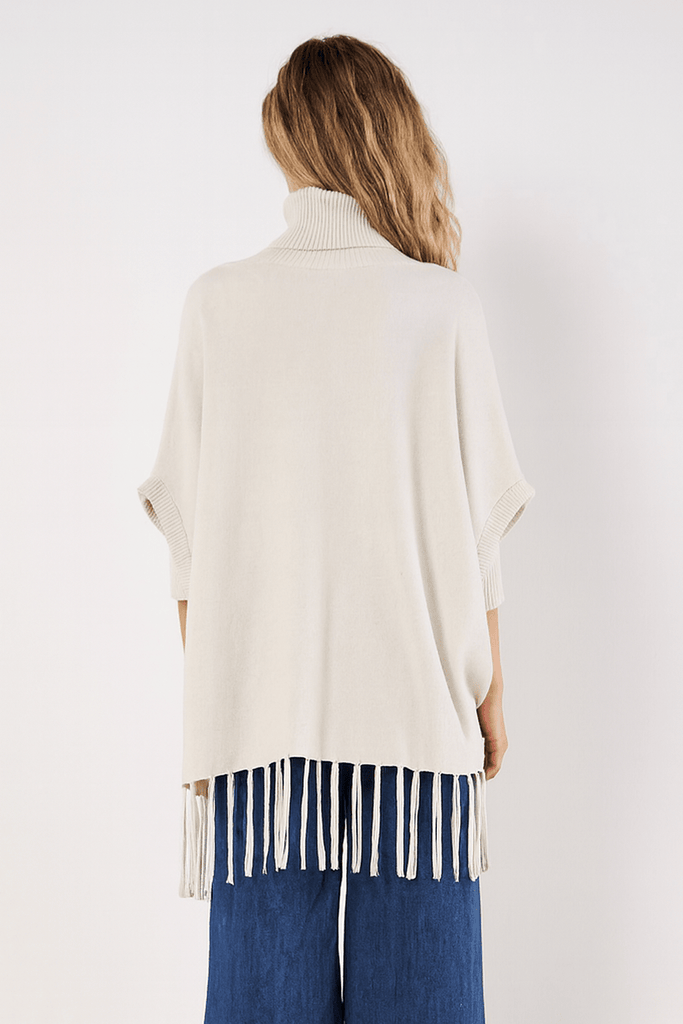 Fringed Turtleneck Poncho Sweater - MISRED