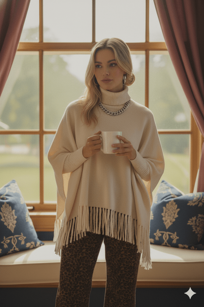 Fringed Turtleneck Poncho Sweater - MISRED
