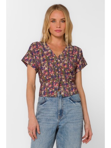 Garden Print Pleated V - Neck Top - MISRED