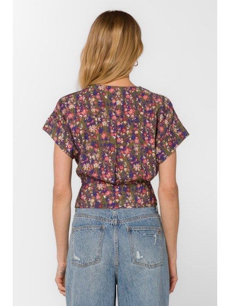 Garden Print Pleated V - Neck Top - MISRED