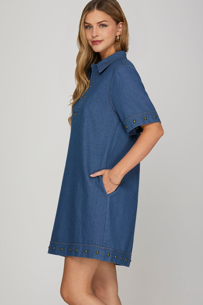 Gold Studded Denim Zip Dress - MISRED