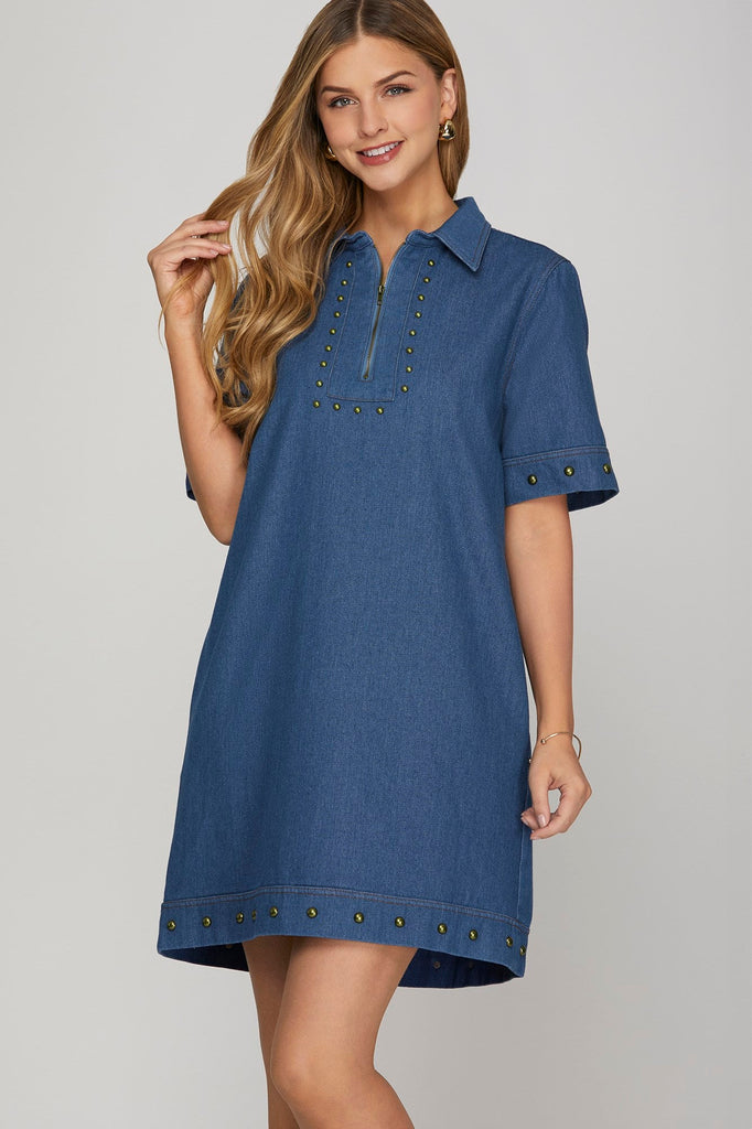 Gold Studded Denim Zip Dress - MISRED