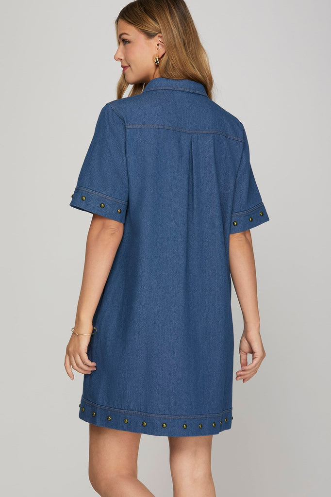 Gold Studded Denim Zip Dress - MISRED
