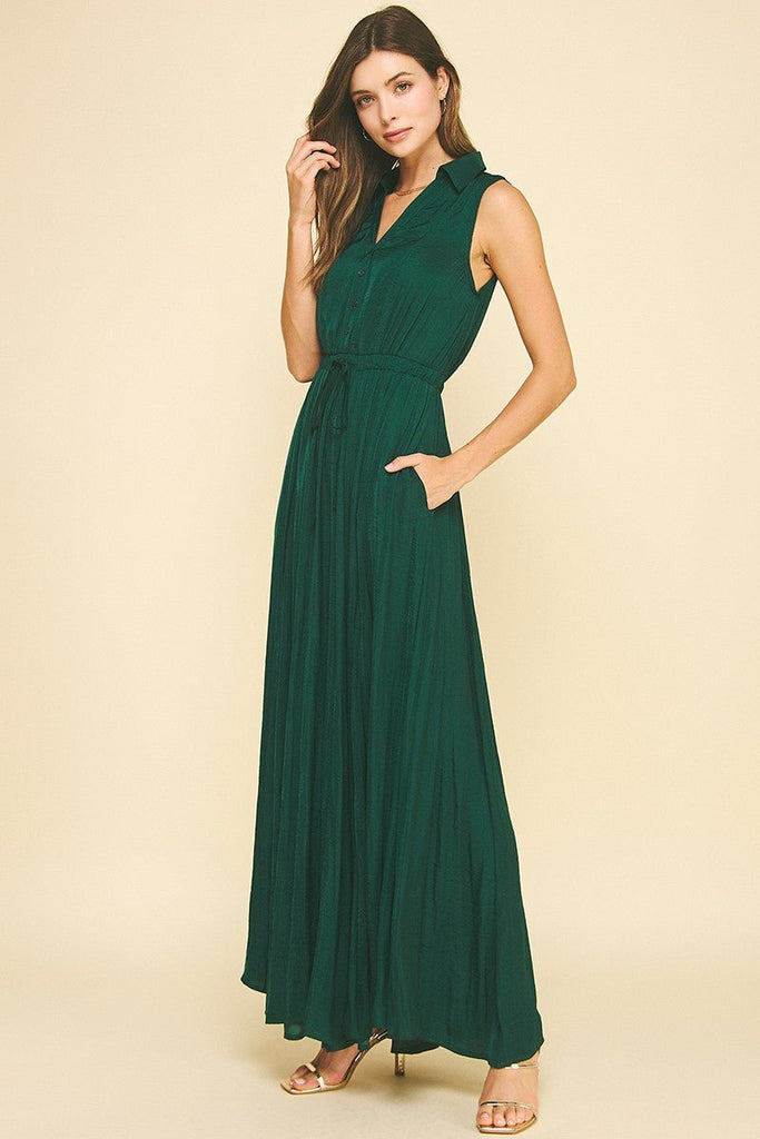 Green Collared Sleeveless Maxi Dress - MISRED
