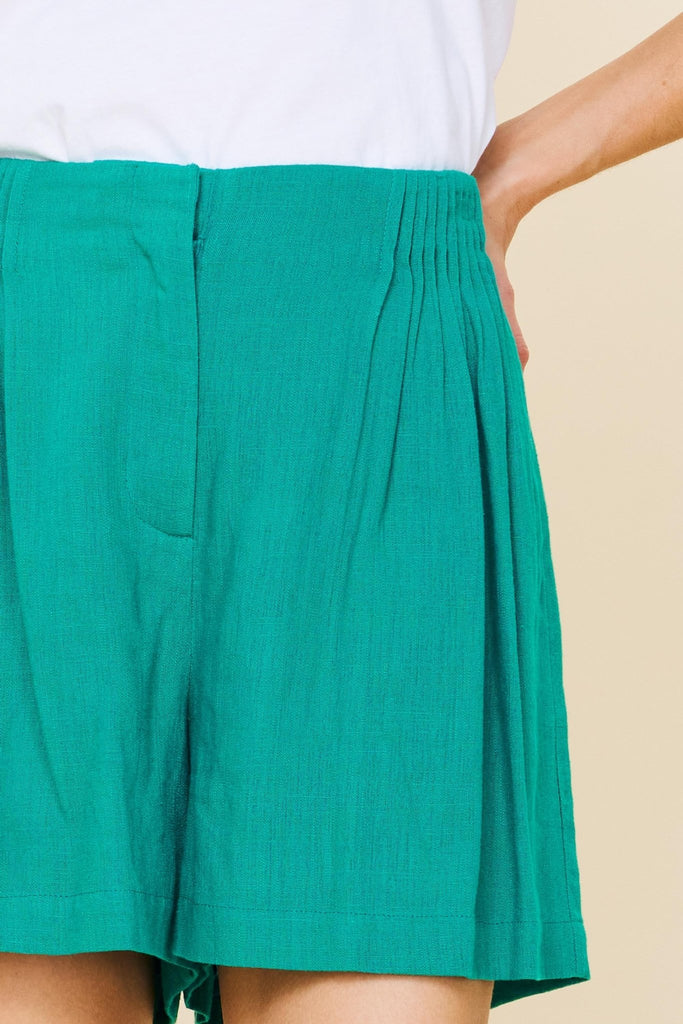 Green Pintuck Linen Shorts - MISRED