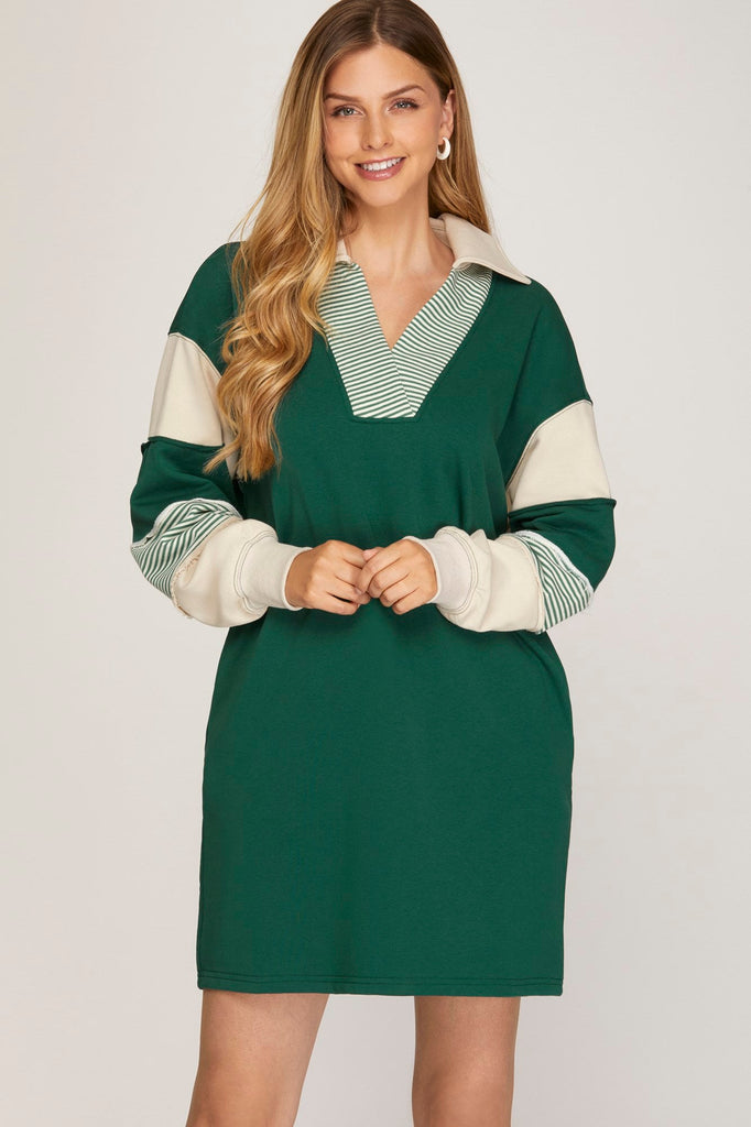 Green Varsity Stripe Sweatshirt Dress - MISRED