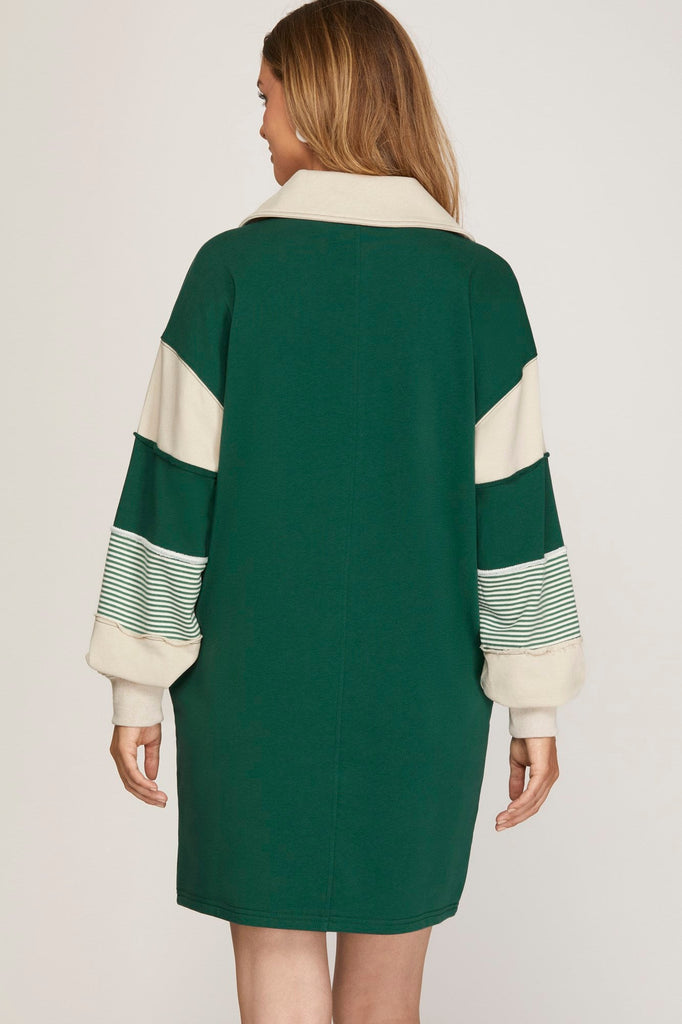 Green Varsity Stripe Sweatshirt Dress - MISRED