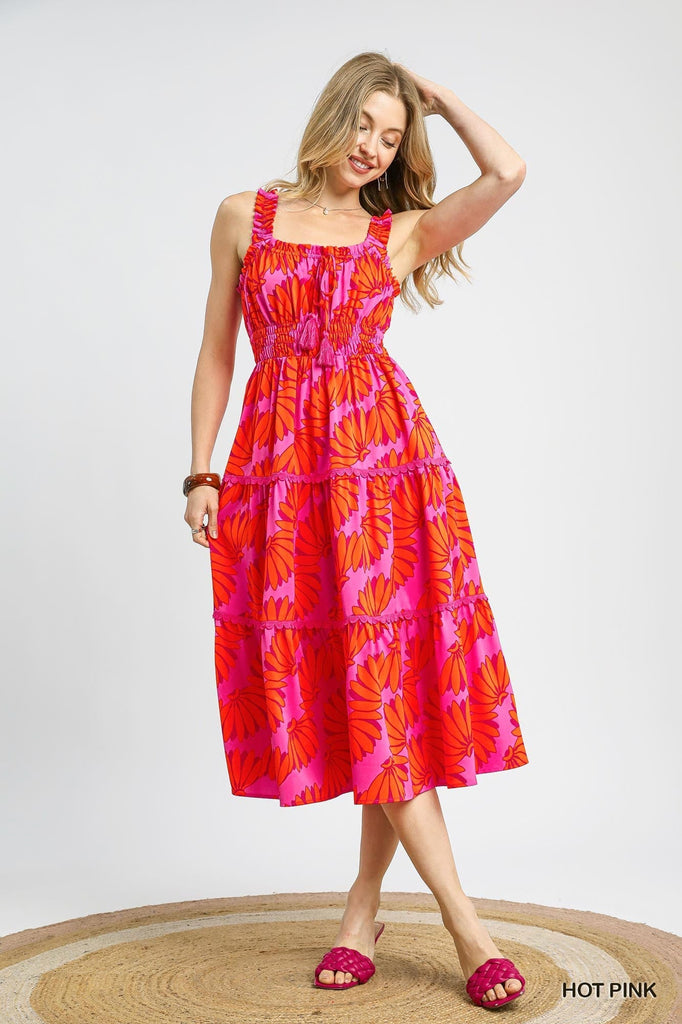 Hot Pink Tropical Print Midi Dress - MISRED