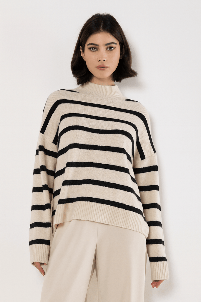 Ivory & Black Striped Mock Neck Sweater - MISRED