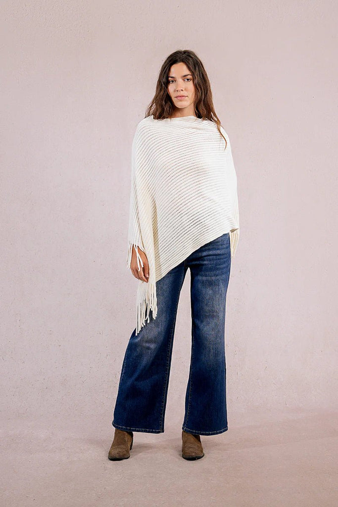 Ivory Knit Fringe Poncho - MISRED