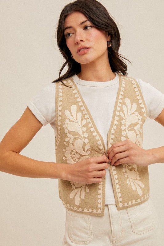 Khaki Embroidered Open Front Vest - MISRED