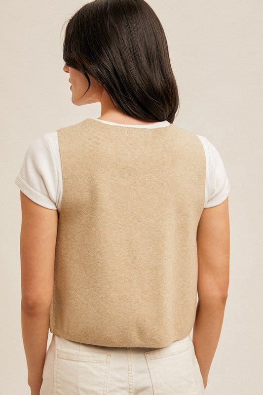 Khaki Embroidered Open Front Vest - MISRED