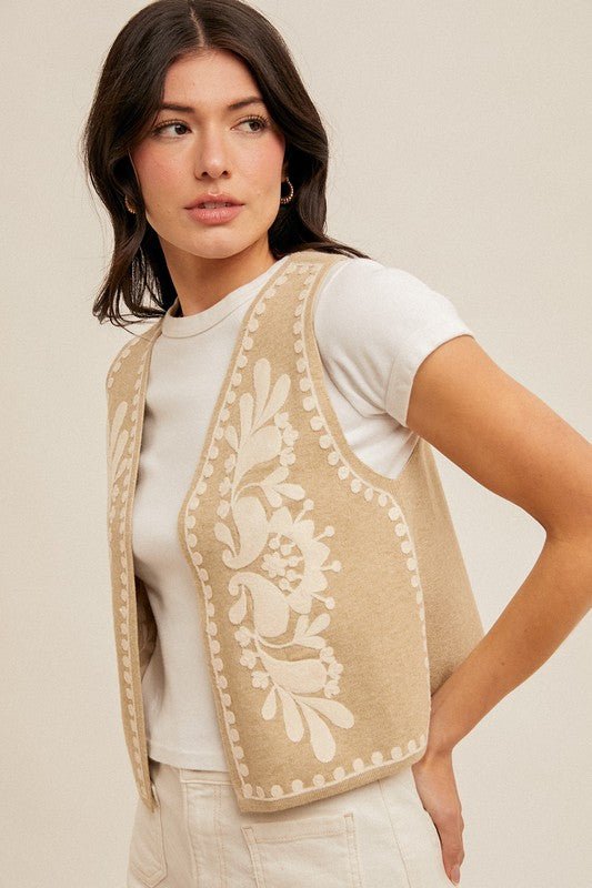 Khaki Embroidered Open Front Vest - MISRED