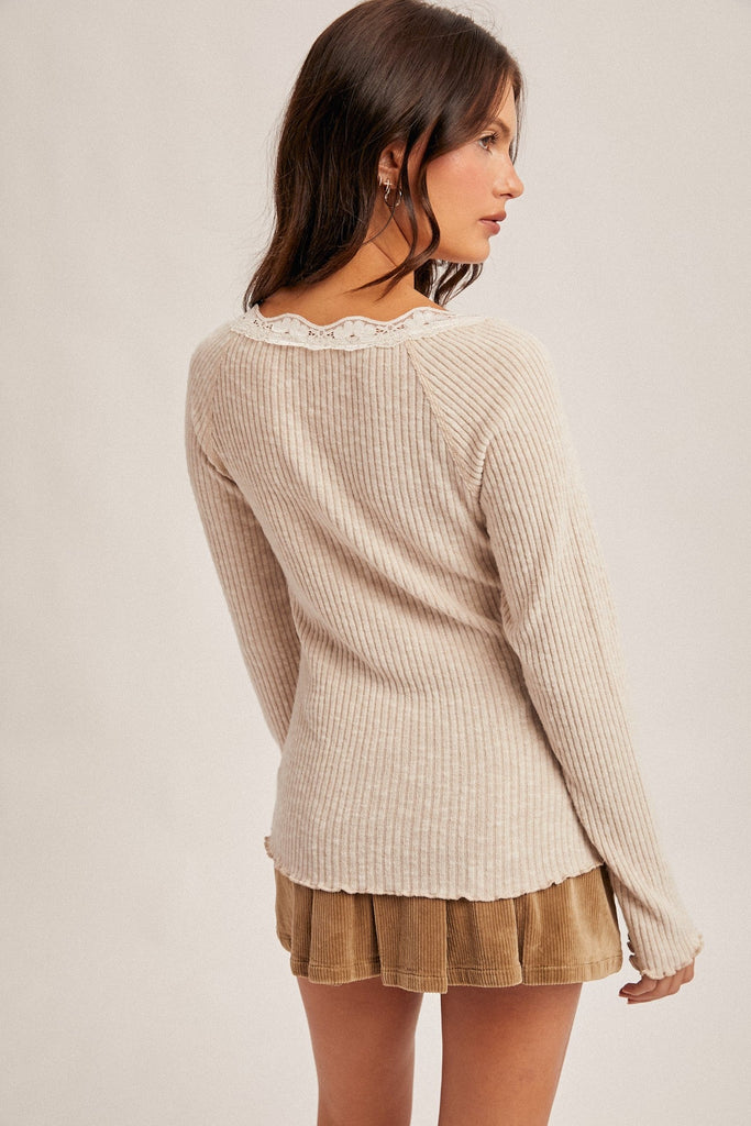 Lace - Trim Ribbed Henley Top - MISRED