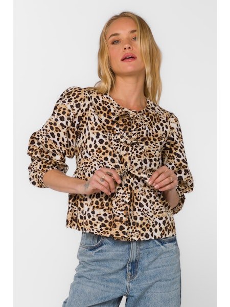 Leopard Print Long Sleeve Peplum Top - MISRED