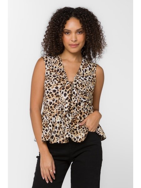 Leopard Print Tie Front Peplum Top - MISRED