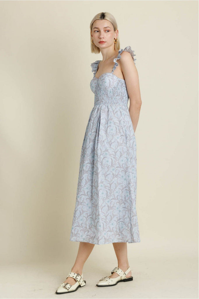 Light Blue Corset Ruffle Sleeve Midi Dress - MISRED