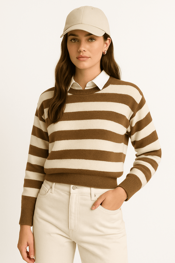 Long Sleeve Cropped Striped Sweater - MISRED