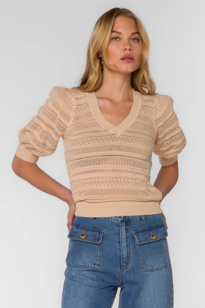 Mable Beige Knit V - Neck Top - MISRED