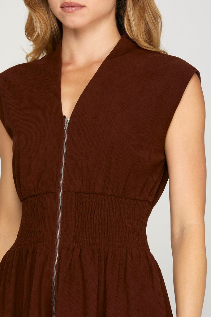 Merlot Micro Corduroy Zipper Midi Dress - MISRED