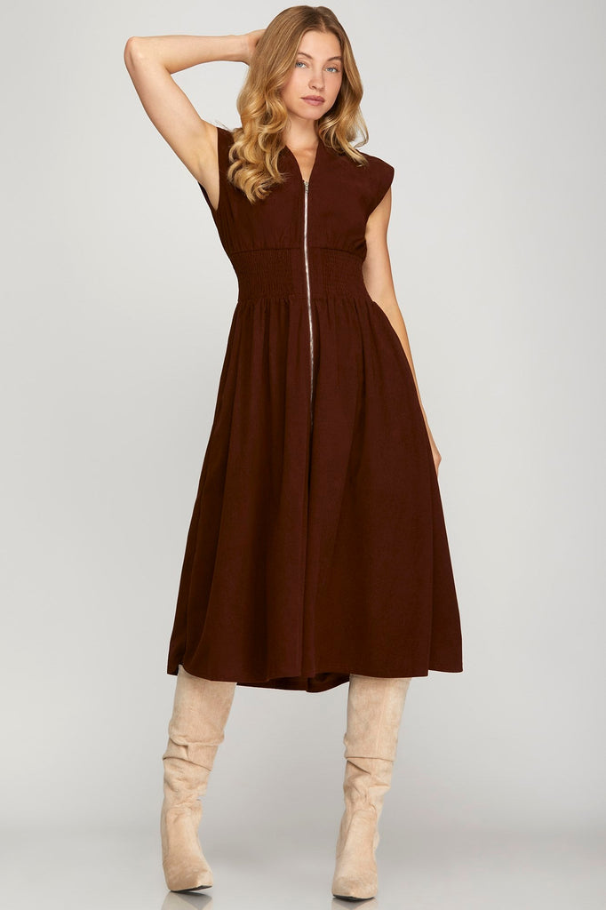 Merlot Micro Corduroy Zipper Midi Dress - MISRED