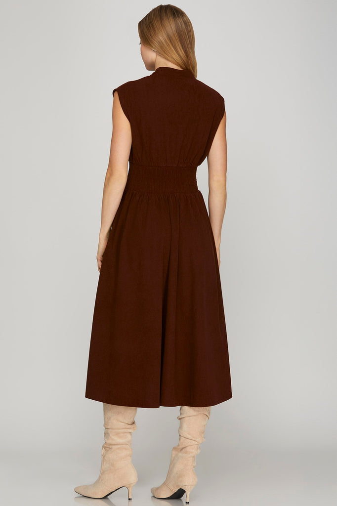 Merlot Micro Corduroy Zipper Midi Dress - MISRED