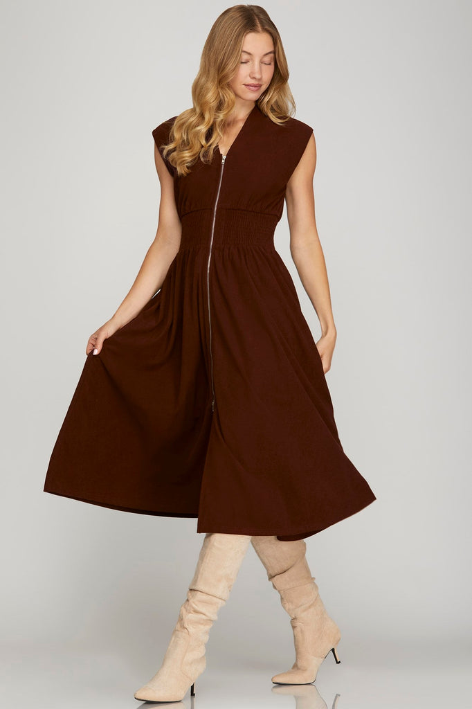 Merlot Micro Corduroy Zipper Midi Dress - MISRED
