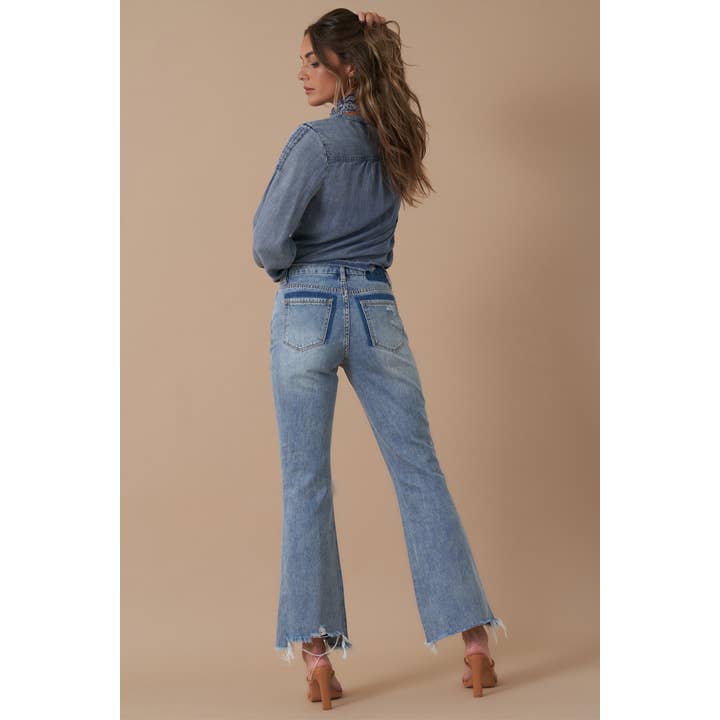 Mid Rise Distressed Crop Flare Denim - MISRED
