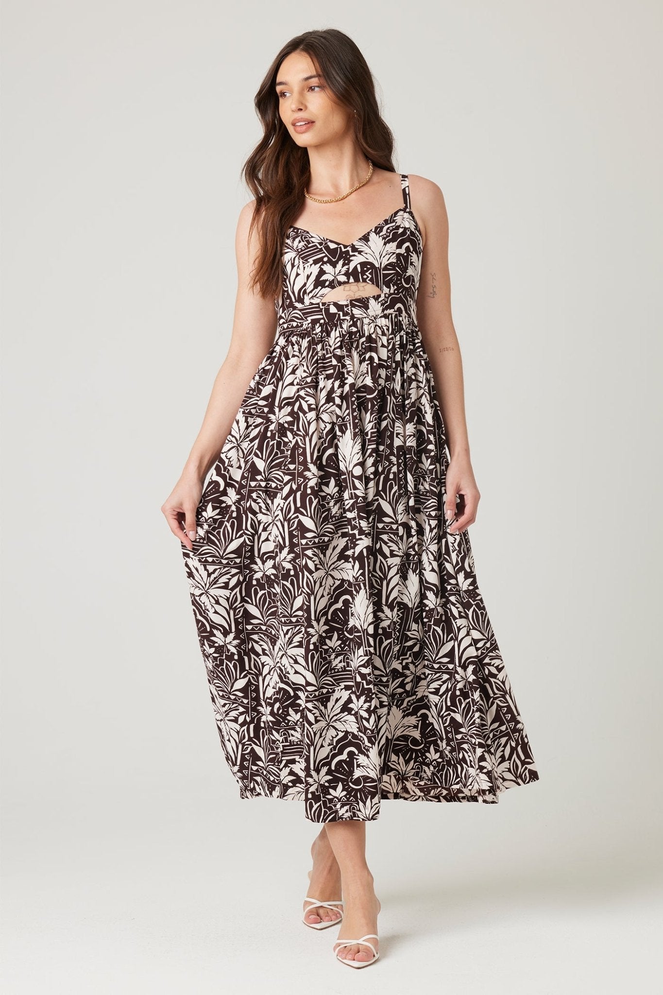 Mink Brown Tropical Print Midi Dress