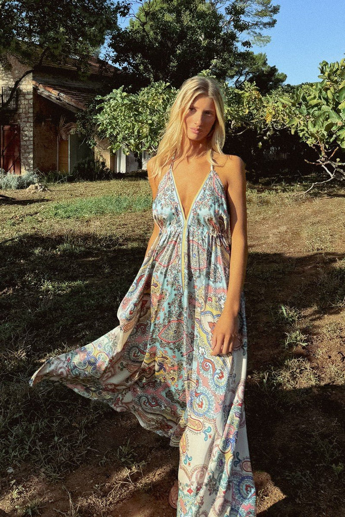 Mint Paisley Satin Halter Maxi Dress - MISRED