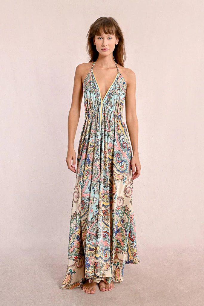 Mint Paisley Satin Halter Maxi Dress - MISRED