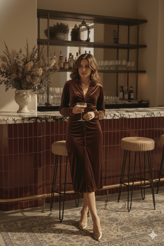 Mocha Velvet Button Down Dress - MISRED