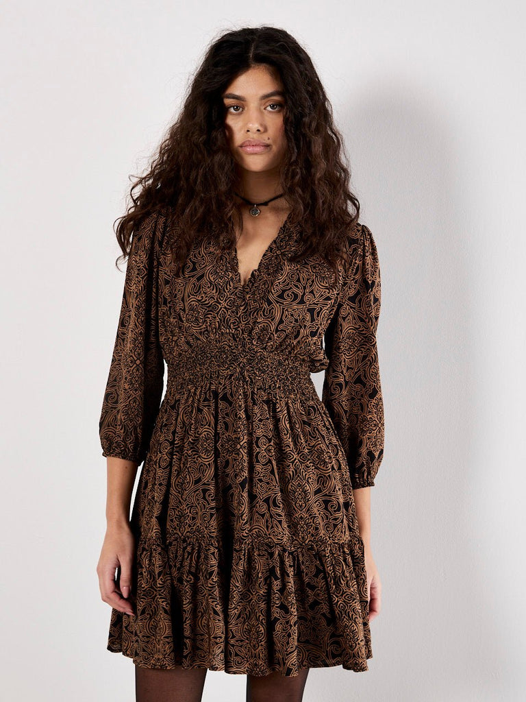 Mustard Graphic Fit n Flare Dress - MISRED