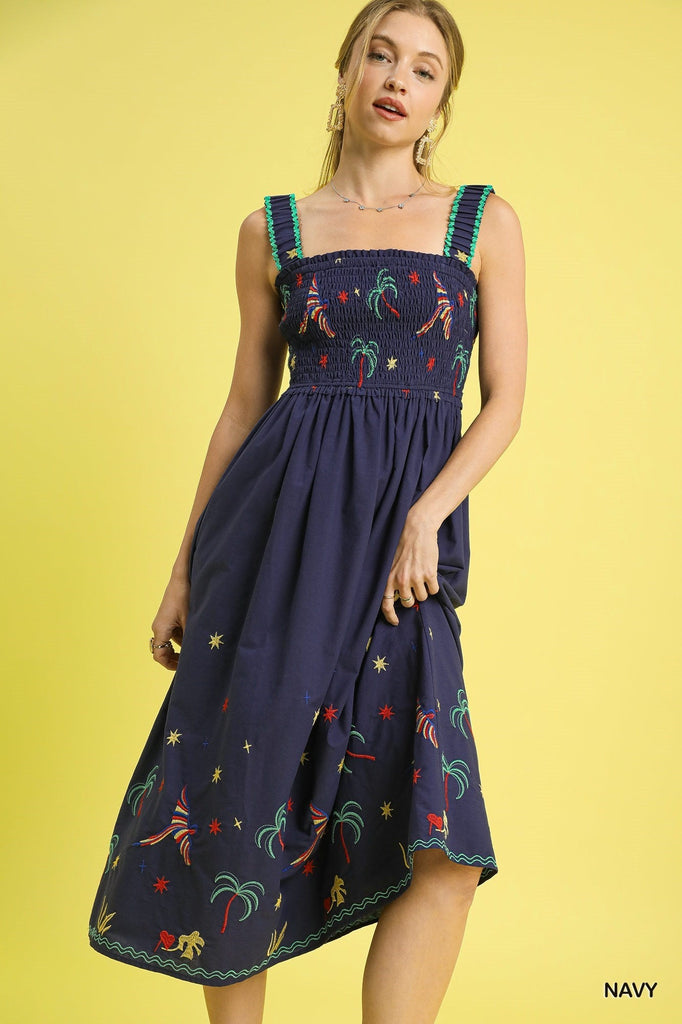 Navy Embroidered Tropical Midi Dress - MISRED