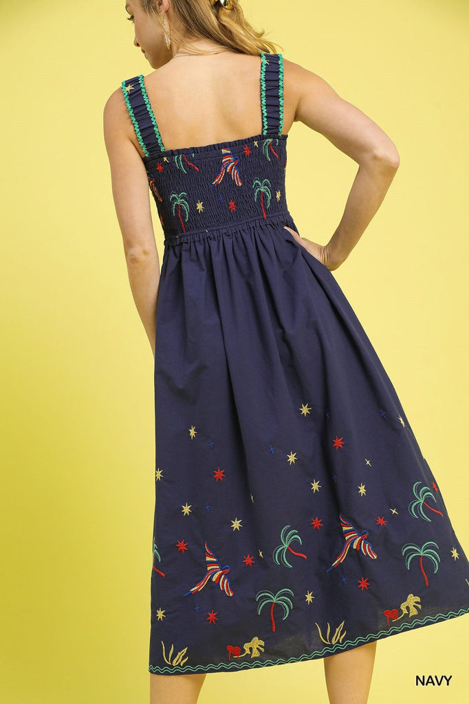 Navy Embroidered Tropical Midi Dress - MISRED