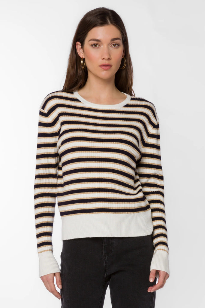 Navy & Gold Ribbed Knit Pullover Sweater - MISRED