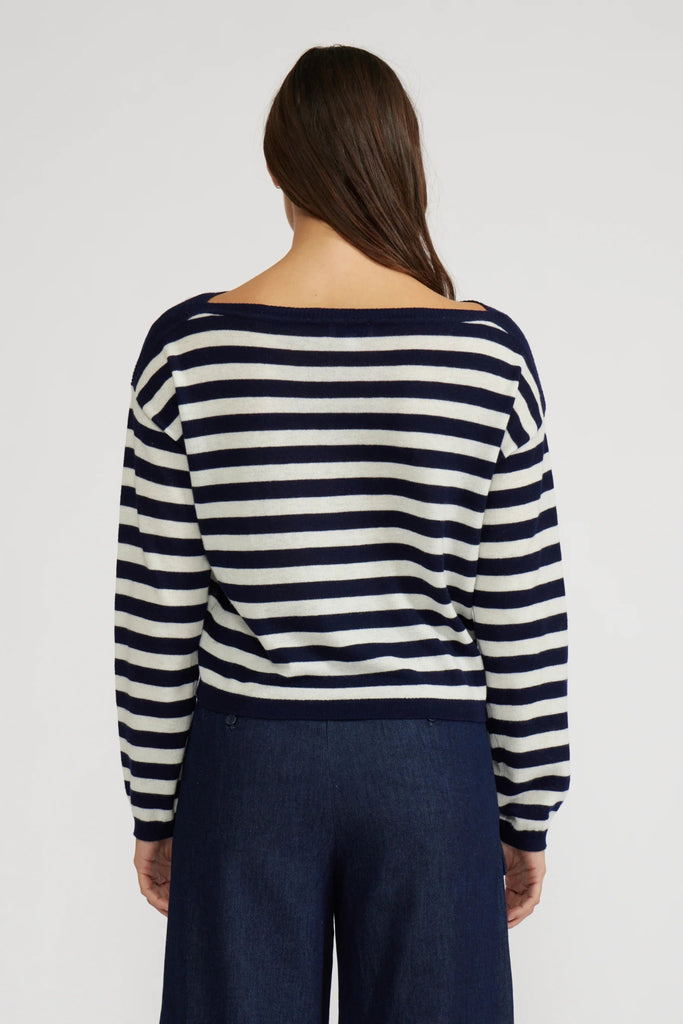 Navy & White Stripe Boat Neck Sweater - MISRED