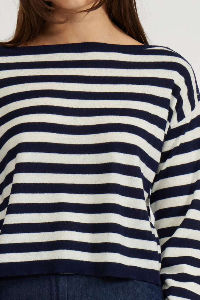 Navy & White Stripe Boat Neck Sweater - MISRED