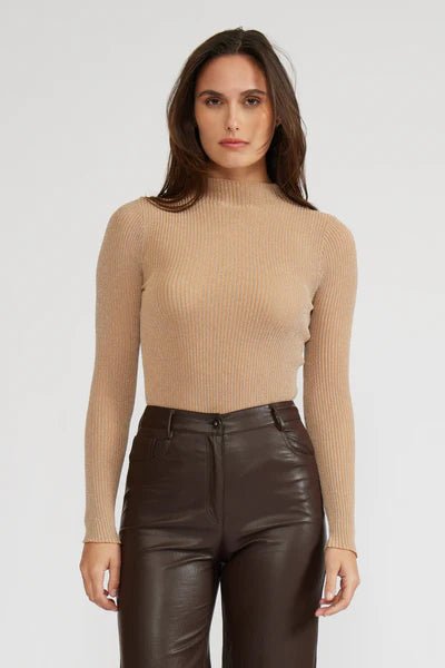 Nude Ribbed Mock Neck Top - MISRED