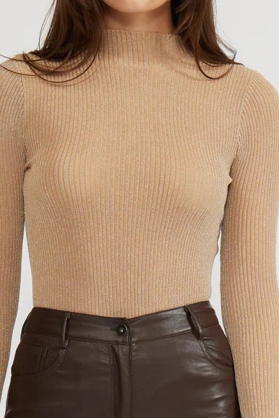 Nude Ribbed Mock Neck Top - MISRED