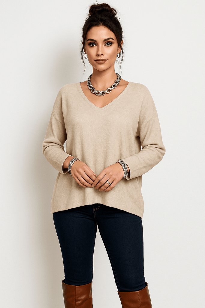 Oatmeal Boxy Cut Knit Sweater - MISRED