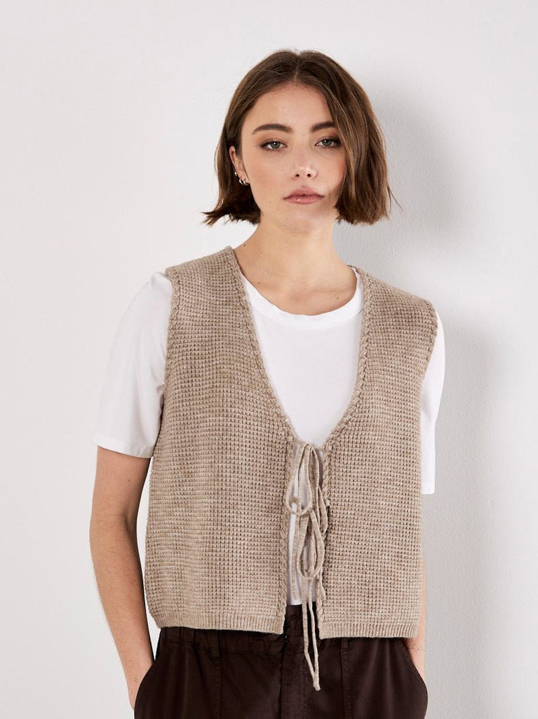 Oatmeal Waffle Knit Tie Front Vest - MISRED