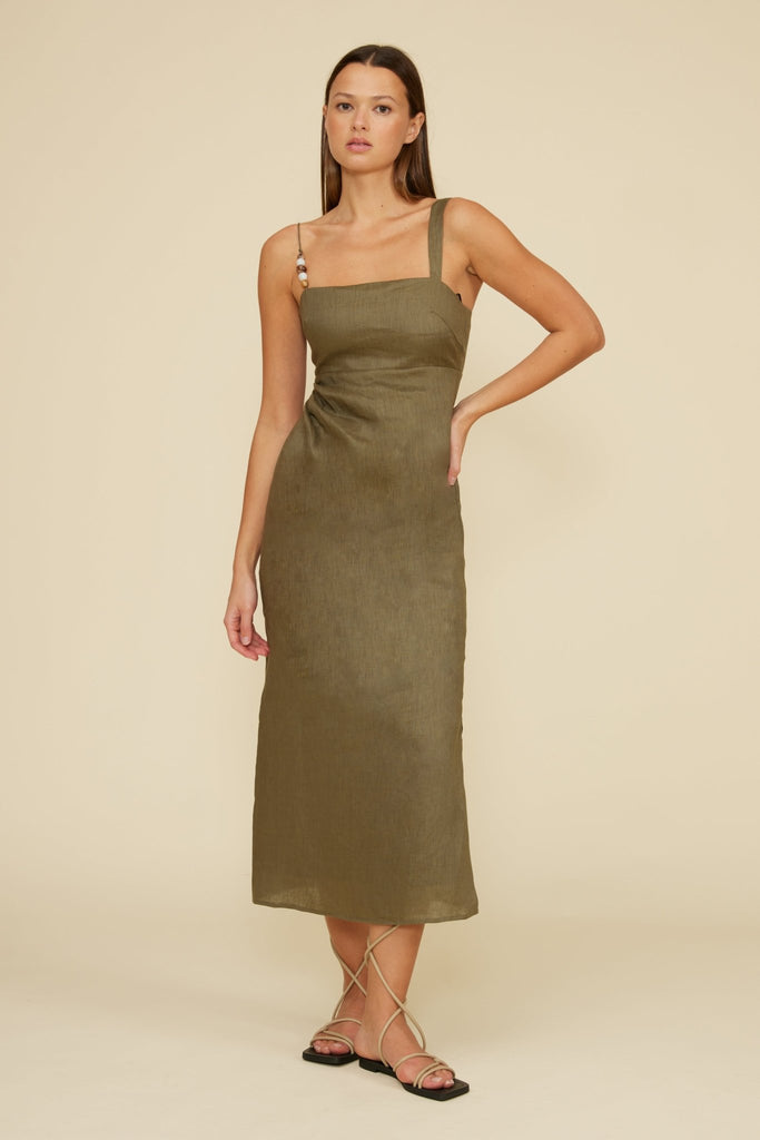 Olive Bead Detail Dress - MISRED
